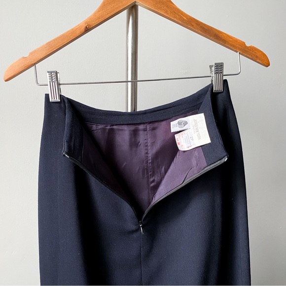 90s vintage navy blue high-waist minimalist wool midi skirt w deep front slit - Picture 3 of 7